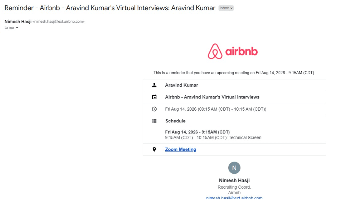 Gmail email: Reminder, Airbnb virtual interviews