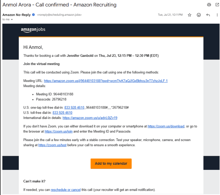 Gmail email: Call confirmed, Amazon Recruiting
