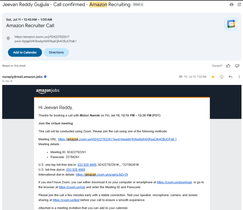 Gmail email: Call confirmed, Amazon Recruiting