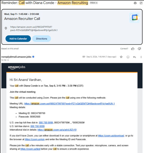Gmail email: Reminder, call with Amazon Recruiting
