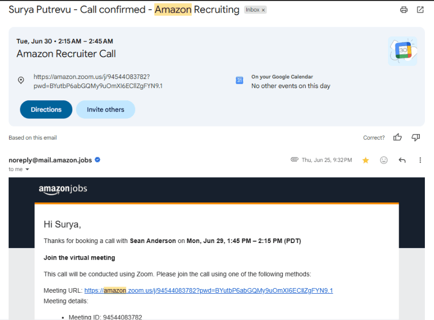Gmail email: Call confirmed, Amazon Recruiting