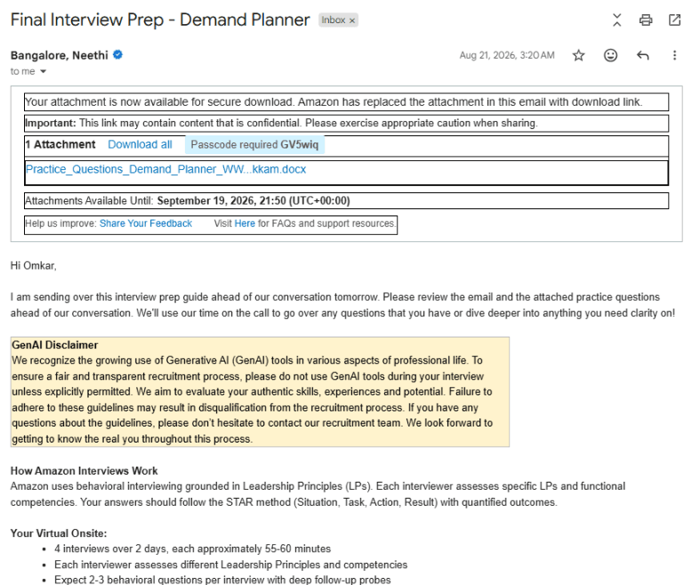 Gmail email: Final interview prep, Demand Planner at Amazon
