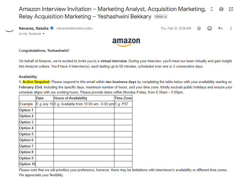 Gmail email: Amazon interview invitation, Marketing Analyst, Acquisition Marketing