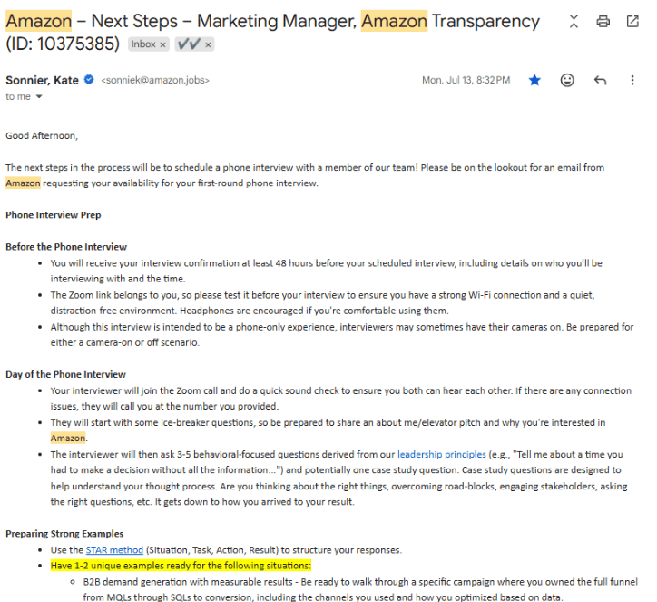 Gmail email: Amazon next steps, Marketing Manager