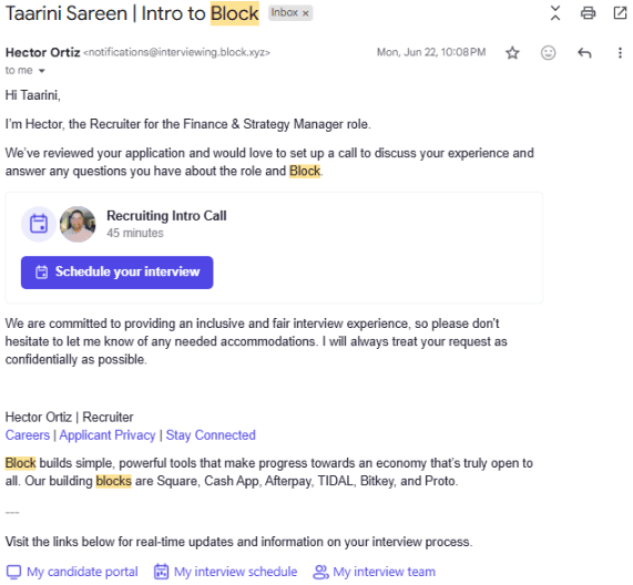Gmail email: Intro to Block, Finance & Strategy Manager recruiting call