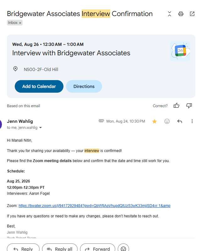Gmail email: Bridgewater Associates interview confirmation