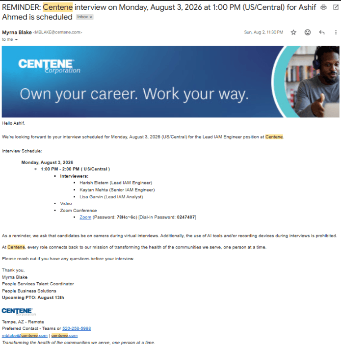 Gmail email: Reminder, Centene interview for Lead IAM Engineer