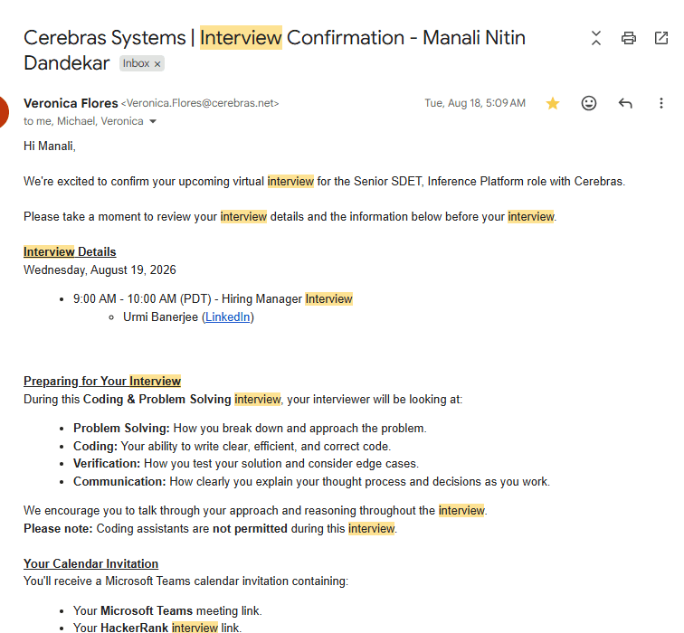 Gmail email: Cerebras Systems interview confirmation, Senior SDET