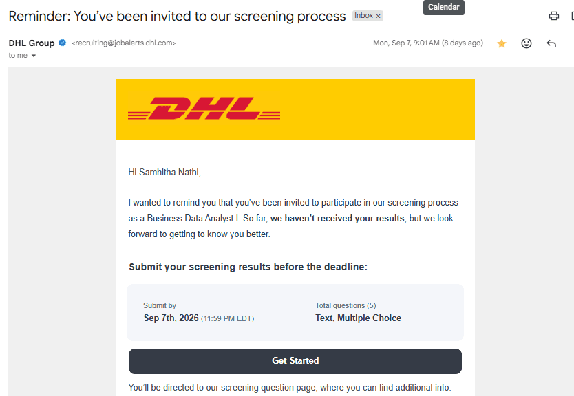 Gmail email: DHL Group reminder, you've been invited to our screening process