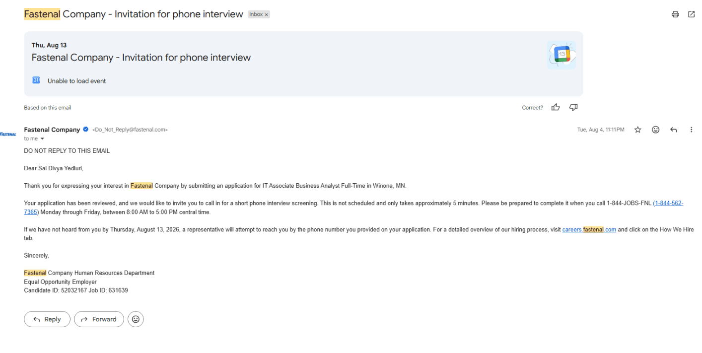 Gmail email: Fastenal Company invitation for phone interview