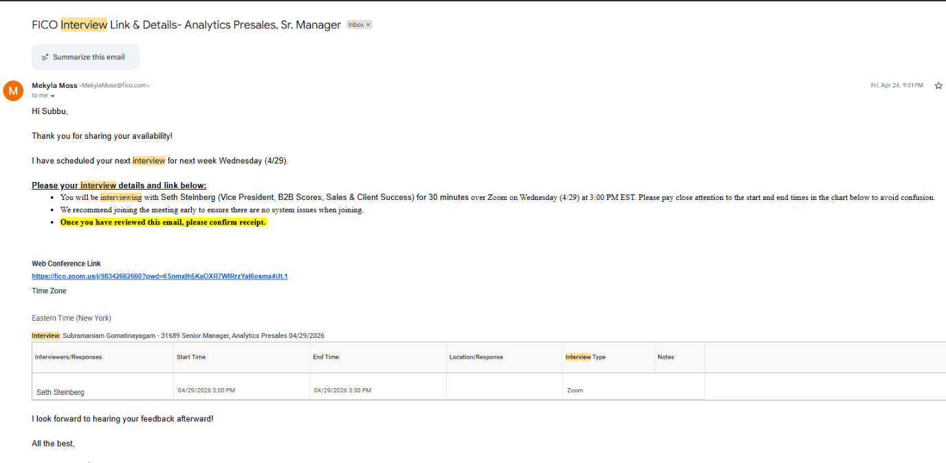 Gmail email: FICO interview link and details, Analytics Presales Senior Manager