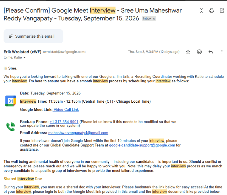Gmail email: Please confirm Google Meet interview with a Googler
