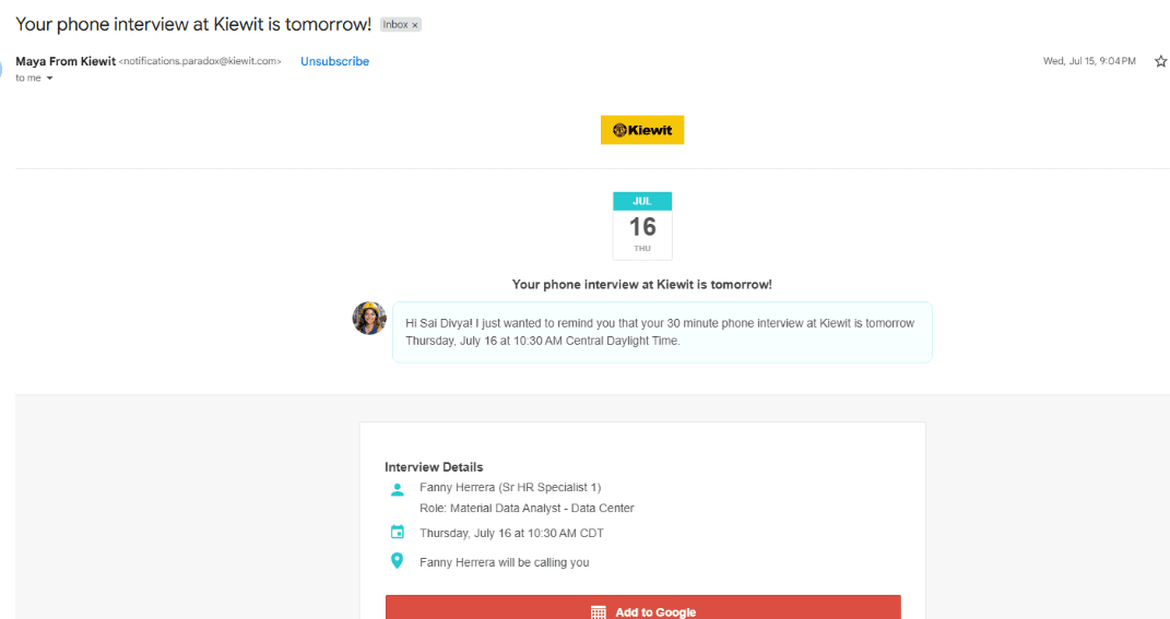 Gmail email: Your phone interview at Kiewit is tomorrow