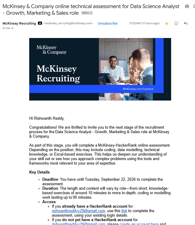 Gmail email: McKinsey & Company online technical assessment for Data Science Analyst