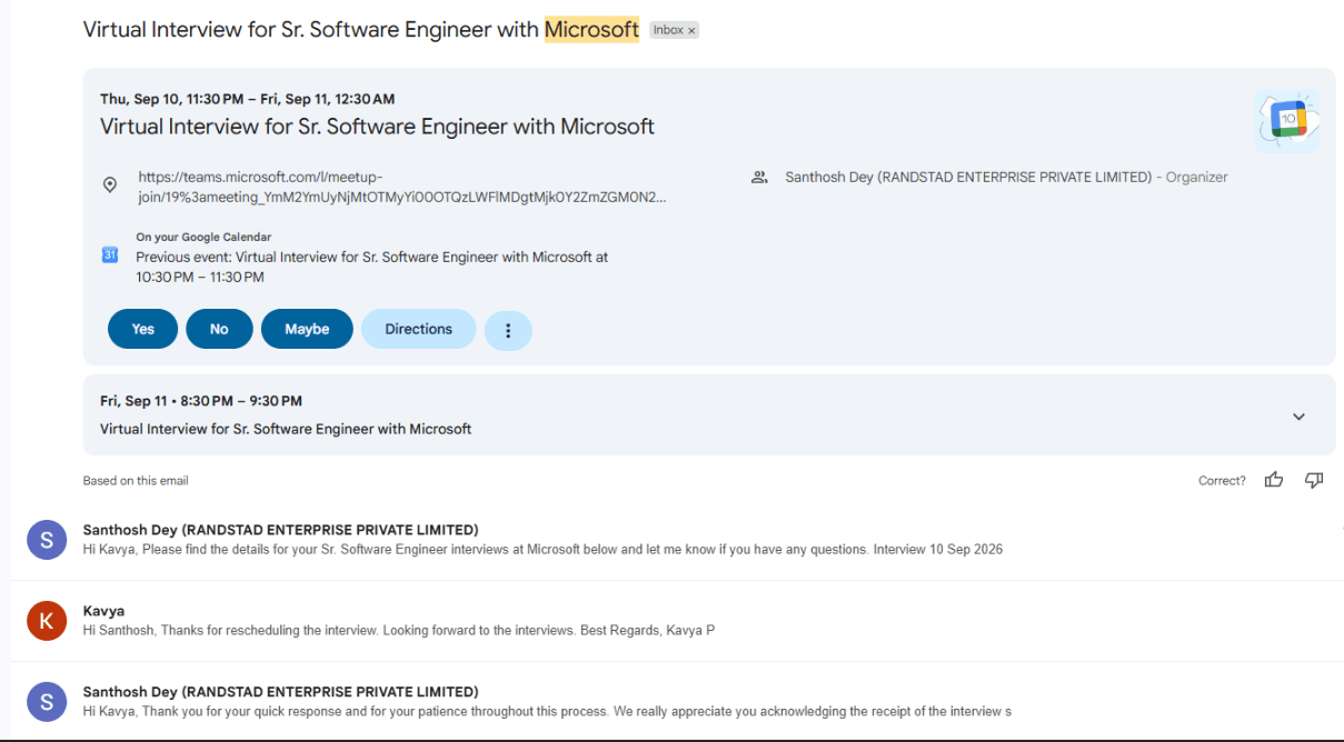 Gmail email: Virtual interview for Senior Software Engineer with Microsoft