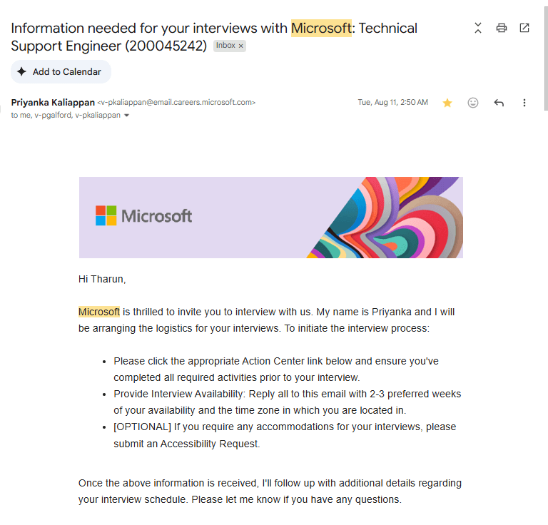 Gmail email: Information needed for your interviews with Microsoft, Technical Support Engineer
