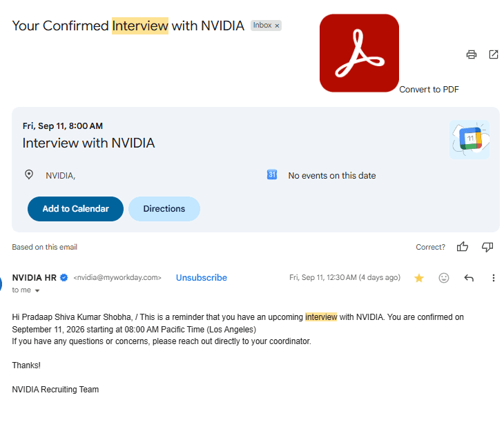 Gmail email: Your confirmed interview with NVIDIA