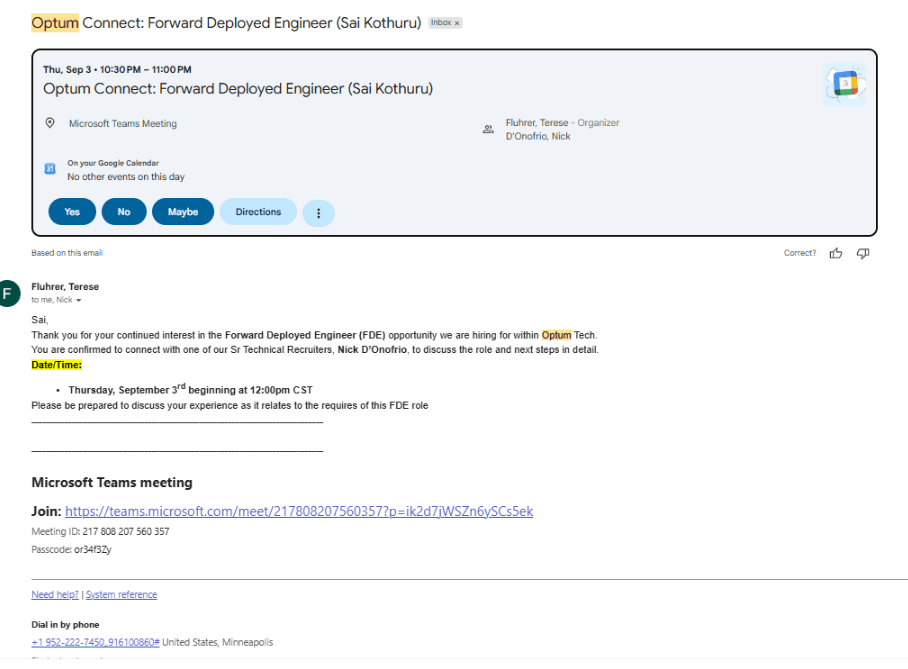 Gmail email: Optum Connect, Forward Deployed Engineer