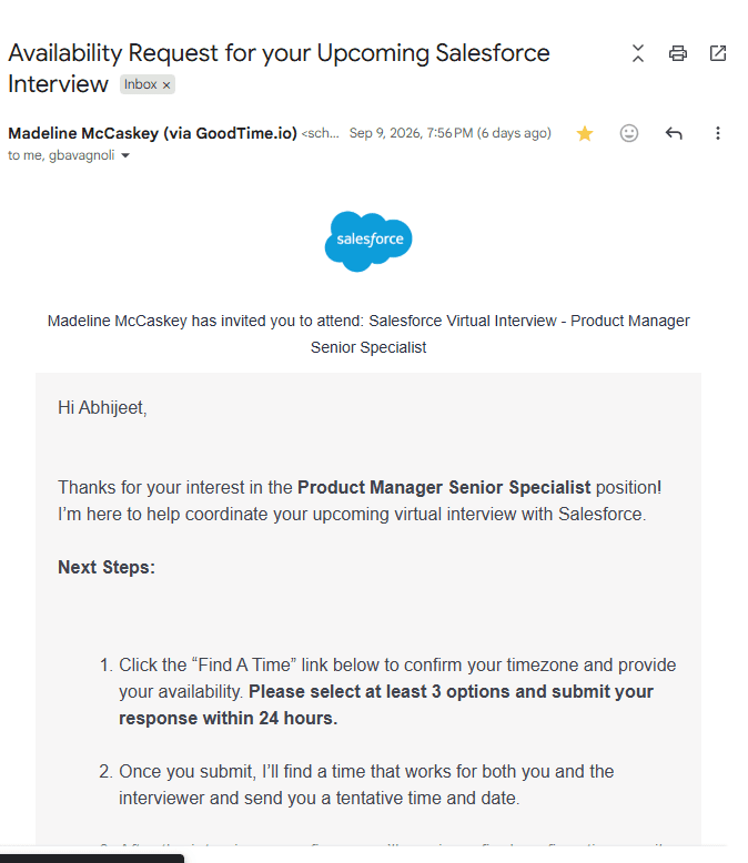 Gmail email: Availability request for your upcoming Salesforce interview
