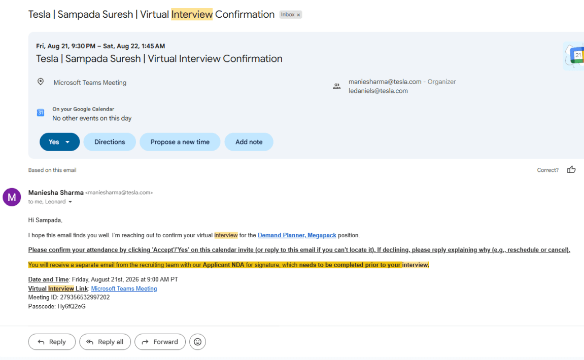 Gmail email: Tesla virtual interview confirmation, Demand Planner