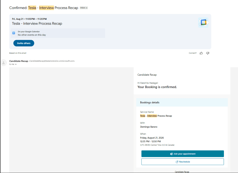 Gmail email: Confirmed, Tesla interview process recap