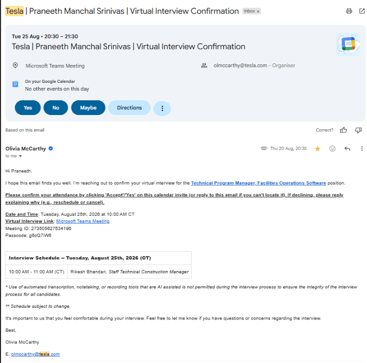 Gmail email: Tesla virtual interview confirmation, Technical Program Manager