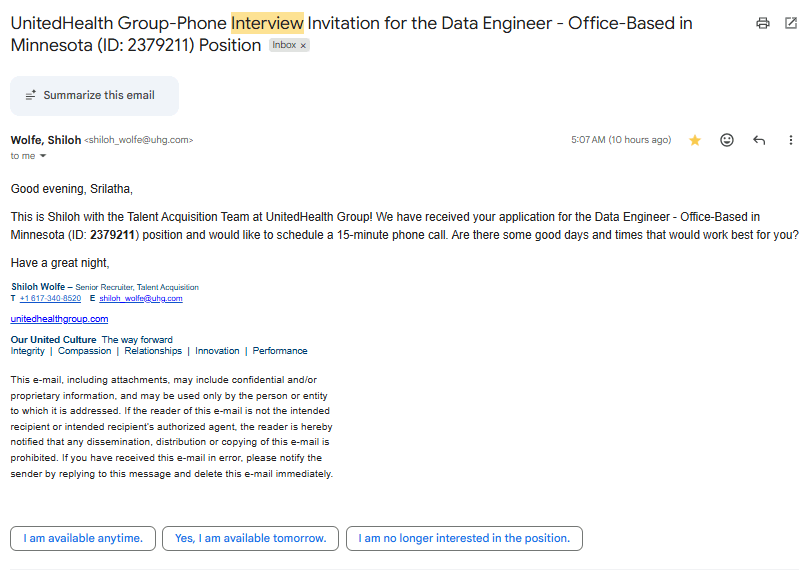 Gmail email: UnitedHealth Group phone interview invitation for the Data Engineer position